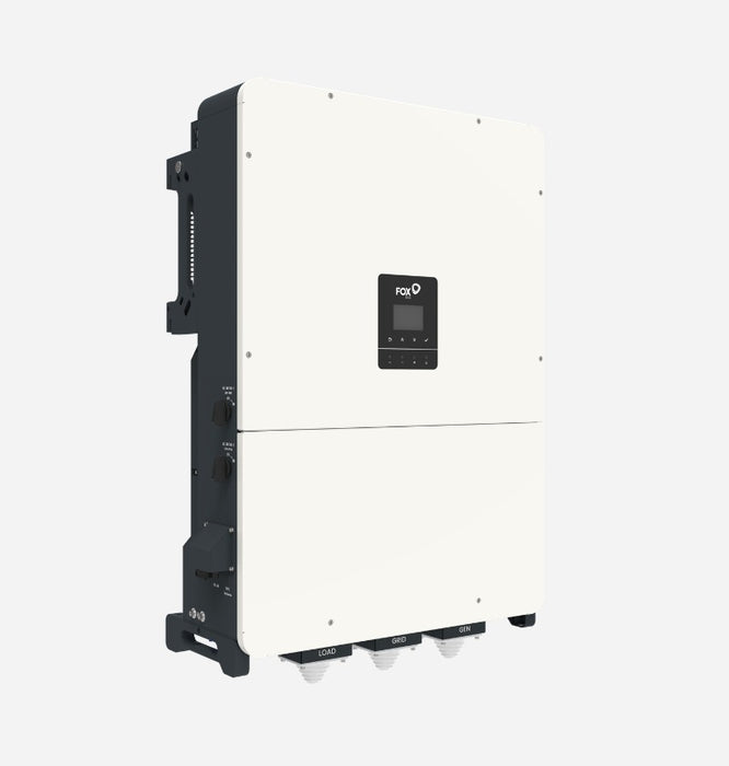 Fox ESS H3-125-Plus three phase hybrid inverter, angled view showing DC switches
