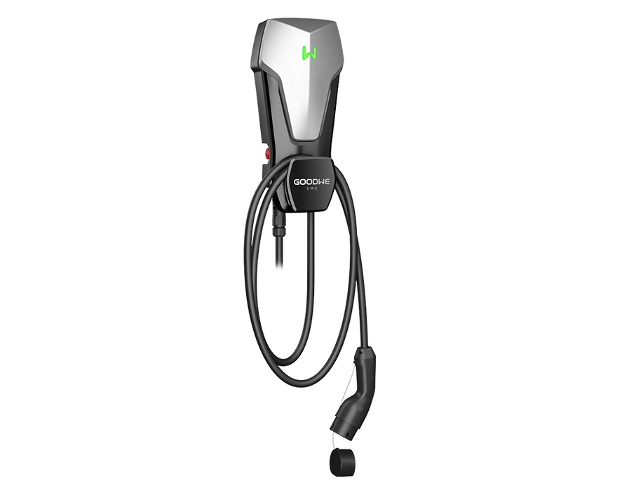 Goodwe GW22K-HCA-20 EV charger, side view showing the emergency stop button
