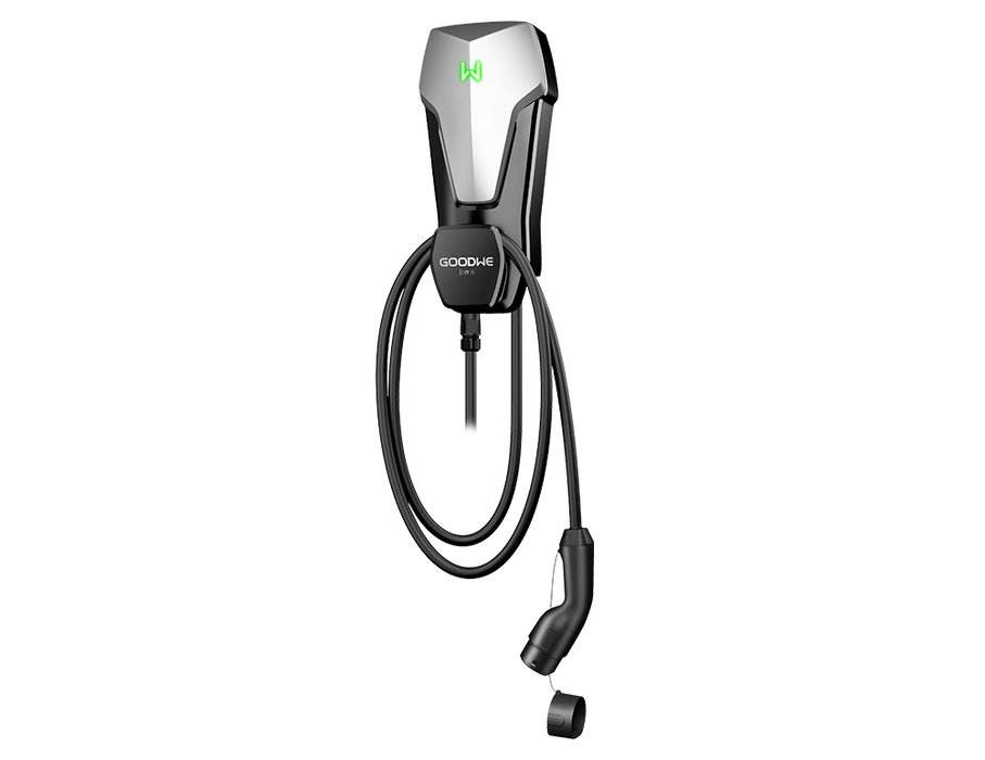 Goodwe GW7K-HCA-20 EV charger, angled view with Type 2 connector